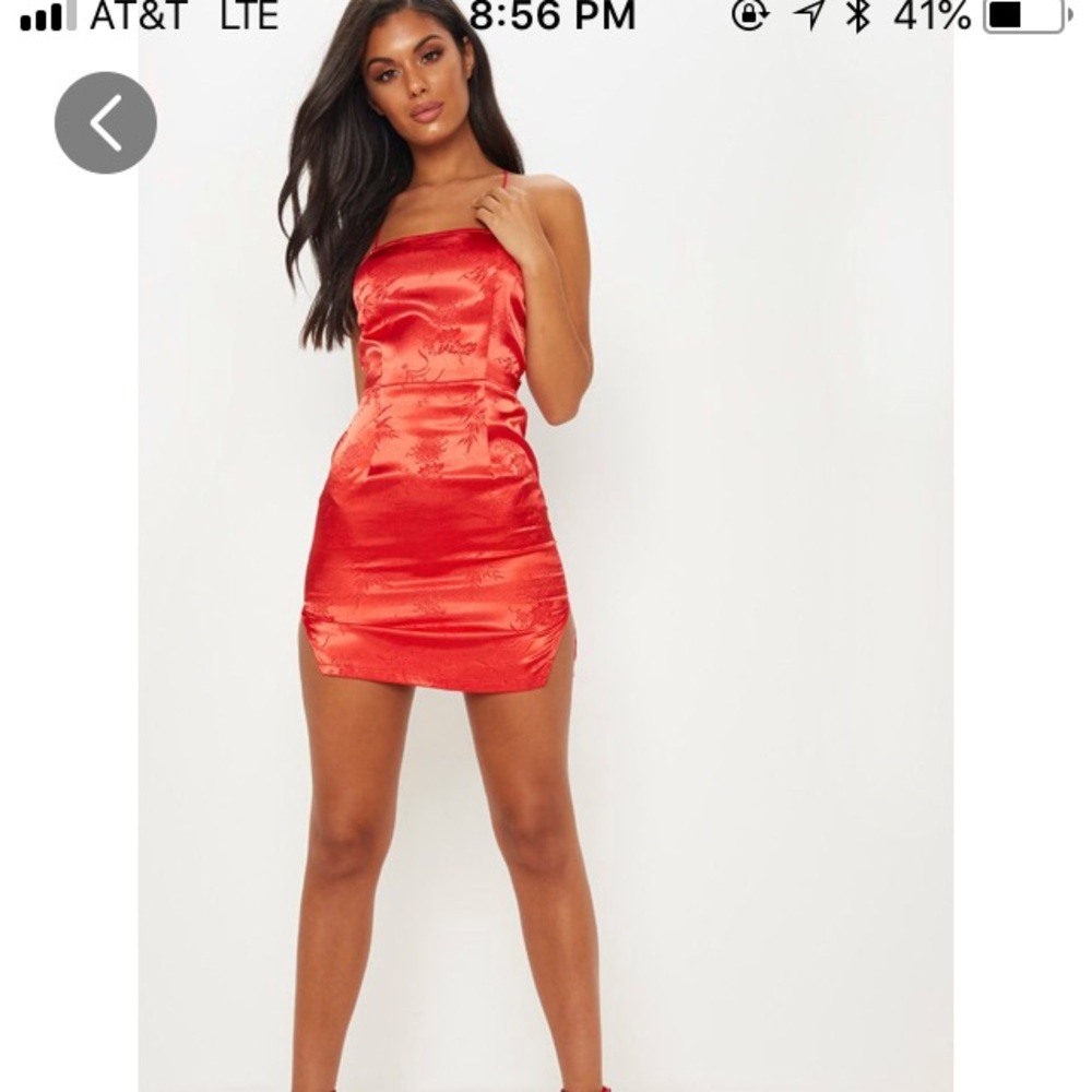 Red satin lace up back bodycon dress